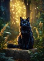 ai generado retrato de un negro gato con amarillo ojos en un oscuro antecedentes. ai generativo foto