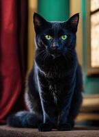 ai generado retrato de un negro gato con amarillo ojos en un oscuro antecedentes. ai generativo foto