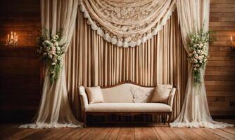 ai generado interior de un rústico habitación con un beige sofá y cortinas ai generativo foto
