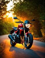 AI generated Motorcyclist riding a motorcycle on a country road at sunset. ai generative photo