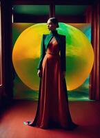 AI generated Fashion shot of a beautiful woman in elegant dress. ai generative photo
