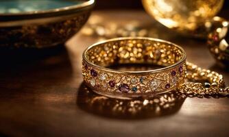 AI generated jewelry diamond ring on wooden table with bokeh background. ai generative photo