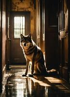 AI generated Portrait of a wolf in a dark corridor at night. ai generative photo