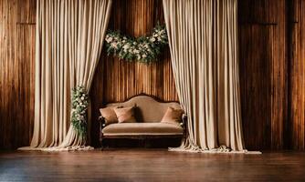 AI generated Interior of a rustic room with a beige sofa and curtains. ai generative photo