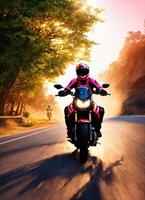 AI generated Motorcyclist riding a motorcycle on a country road at sunset. ai generative photo