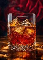 ai generado un vaso de whisky con hielo y salpicaduras dorado destellos antecedentes. ai generativo foto