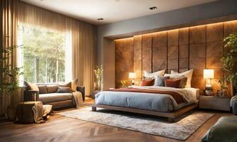 AI generated interior of classic bedroom, comfortable king size bed. ai generative photo