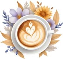 AI generated Heart latte art coffee cup decorated with flowers isolated illustration on transparent background png, watercolor design element for food, drink and coffee shop png