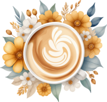 AI generated Top view of leaf latte art coffee cup decorated with yellow flowers isolated illustration on transparent background png, watercolor design element for food, drink and coffee shop png