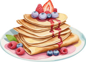 AI generated Watercolor style of delicious crepe with berry fruits on plate, isolated illustration on transparent background, perfect design element for quick healthy breakfast idea, food and recipe png