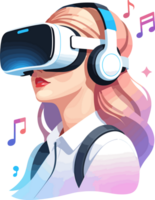 AI generated Isolated teenage girl wearing Virtual Reality VR headset with music illustration on transparent background png, painting style virtual livestream, futuristic technology png