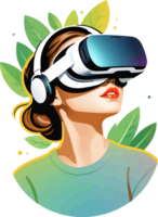 AI generated Teenager girl wearing Virtual Reality VR headset and green leaf illustration on transparent background png, painting style virtual reality for nature exploration, futuristic technology png