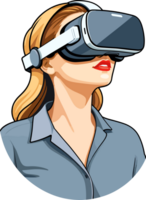 ai genererad isolerat kontor kvinna bär virtuell verklighet vr headsetet illustration på transparent bakgrund png, målning stil virtuell verklighet i arbetsplats, trogen teknologi png