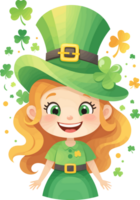 AI generated Cute girl in green costume, St Patrick day illustration on transparent background png, graphic design element for holiday event or kids, baby shower and nursery decor png