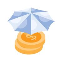 Dollar coins under umbrella, a concept of financial care icon in modern isometric style vector