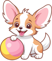 ai gegenereerd gelukkig papillon puppy spelen kleurrijk bal, tekenfilm illustratie Aan transparant achtergrond png, pastel ontwerp element voor pup, klein hond ras, huisdier element, kinderkamer decor, baby en kinderen png