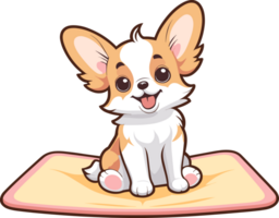 ai generato adorabile papillon cucciolo seduta su stuoia, cartone animato illustrazione su trasparente sfondo png, pastello design elemento per cucciolo, piccolo cane razza, animale domestico elemento, asilo arredamento, bambini png