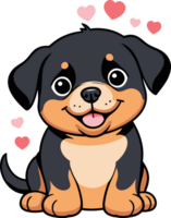 AI generated Cute rottweiler puppy with hearts, cartoon illustration on transparent background png, design element for puppy, dog breed, pet element, nursery decor png