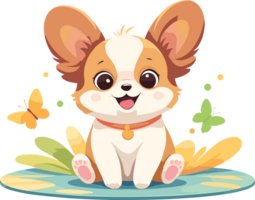 ai généré adorable papillon chiot séance sur tapis dans jardin avec papillons, dessin animé illustration sur transparent Contexte png, conception élément de petit chien race, animal de compagnie élément, garderie décor, des gamins png