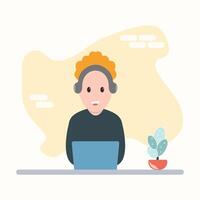 Man at desktop working with laptop Corporate worker Freelancer or office worker. Vector illustration in simple concept flat style