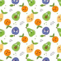 Funny cute happy fruits with smile on their face. Endless seamless pattern for printing on fabric and wrapping paper. Wallpaper for baby room. vector