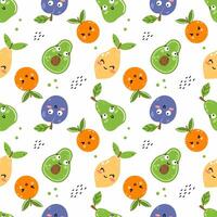 Funny cute happy fruits with smile on their face. Endless seamless pattern for printing on fabric and wrapping paper. Wallpaper for baby room. vector