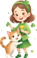 ai généré mignonne fille dans vert costume et chat pour content vacances, graphique conception élément pour enfants, bébé, garderie png