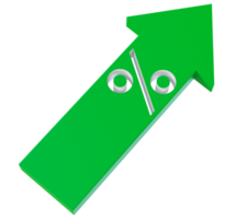 Green upward arrow with percentage symbol, perfect for visuals related to growth in sales, financial improvement, or positive market trends. Arrow with percent sign, on transparent background. 3D. png