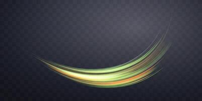 Glowing green and orange lines. Neon realistic energy speed. Abstract light effect on a dark background. Vector illustration.