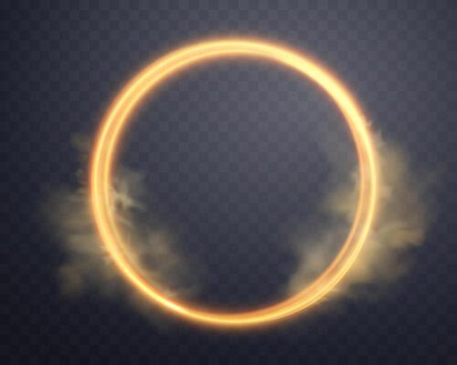 Orange magic ring with glowing smoke. Neon realistic energy flare halo ring. Abstract light effect on a dark background. Vector illustration.