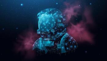 Wireframe astronaut in space galaxy close up. Futuristic polygonal cosmonaut helmet, space tourism concept. Starry abstract background with glowing human. Vector illustration.