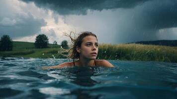 ai generado un mujer nadando en el agua debajo un Tormentoso cielo foto