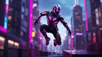 AI generated a futuristic man in a purple suit jumping over a city photo