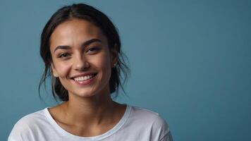 ai generado un mujer sonrisas mientras en pie en contra un azul antecedentes foto