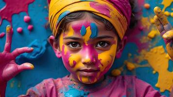 ai generado celebracion de holi festival día vistoso ilustración de un niño cubierto en pintar foto