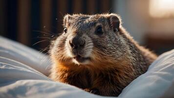 groundhog peeks out of bed in a blanket, groundhog day. photo