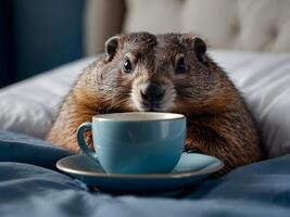 marmota día, en un azul cama, marmota en cama con un taza de café. foto