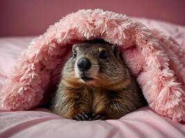 marmota día, en un rosado cama, marmota en cama en tartán, con un dormir mascarilla. foto