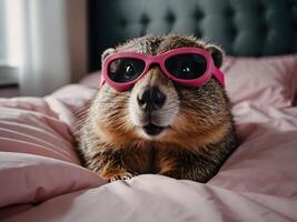 groundhog day, in a pink bed, groundhog in bed in plaid, with a sleep mask. photo