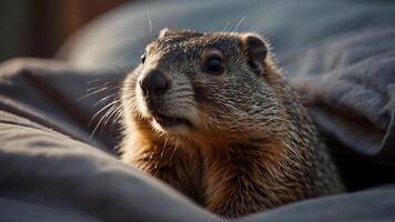 marmota asoma fuera de cama en un frazada, marmota día. foto