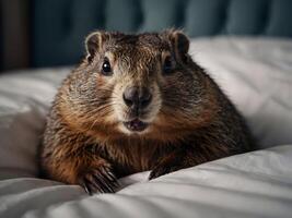 marmota asoma fuera de cama en un frazada, marmota día. foto