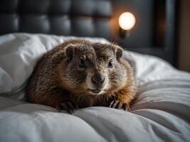 marmota asoma fuera de cama en un frazada, marmota día. foto