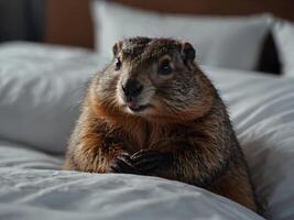 marmota asoma fuera de cama en un frazada, marmota día. foto