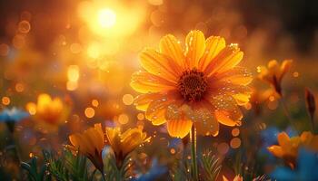 ai generado maravilla flor campo en puesta de sol. naranja maravilla flor campo floreciente durante el verano. maravilla flores en amanecer. naranja flores de cerca foto