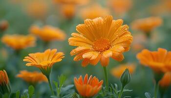 AI generated Marigold flower field in sunset. Orange marigold flower field blooming during the summer. Marigold flowers in sunrise. Orange flowers closeup photo