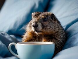marmota día, en un azul cama, marmota en cama con un taza de café. foto