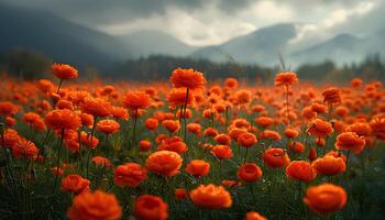 AI generated Marigold flower field in sunset. Orange marigold flower field blooming during the summer. Marigold flowers in sunrise. Orange flowers closeup photo