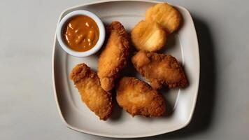 AI generated Crispy fried Breaded chicken strips and nuggets, breast fillet tenders with barbecue sauce on a plate. Top view. photo