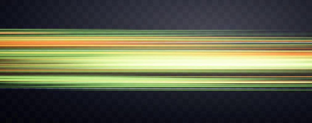 Speed rays, velocity light neon flow, zoom in motion effect, green glow speed lines, colorful light trails, stripes. Abstract background, vector illustration.