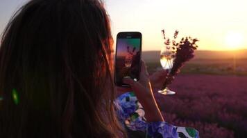 mujer en lavanda campo. de moda niña tomando selfie al aire libre con un vaso de champán en lavanda campo en verano puesta de sol. sonriente contento mujer fotografiando con teléfono inteligente video